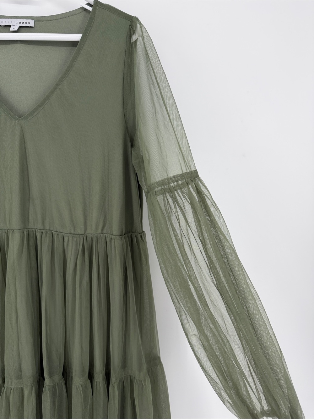 Baltic Born Olive Tulle Tiered Midi Dress Balloon Sleeve Size L Boho Whimsical - Picture 3 of 5